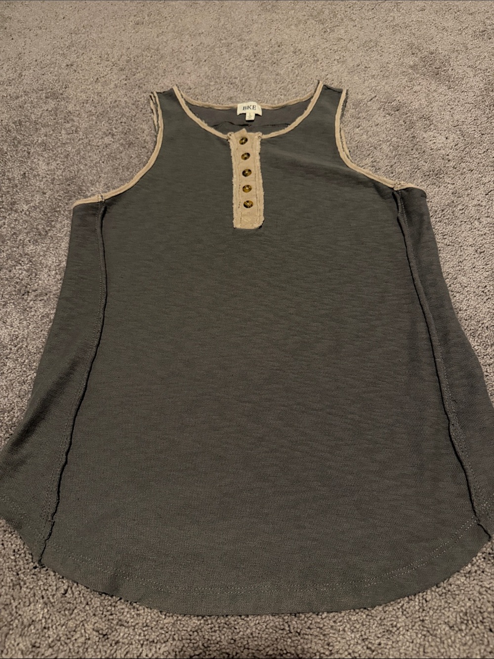 BKE Gray Tank with Tan Contrast Buttons
